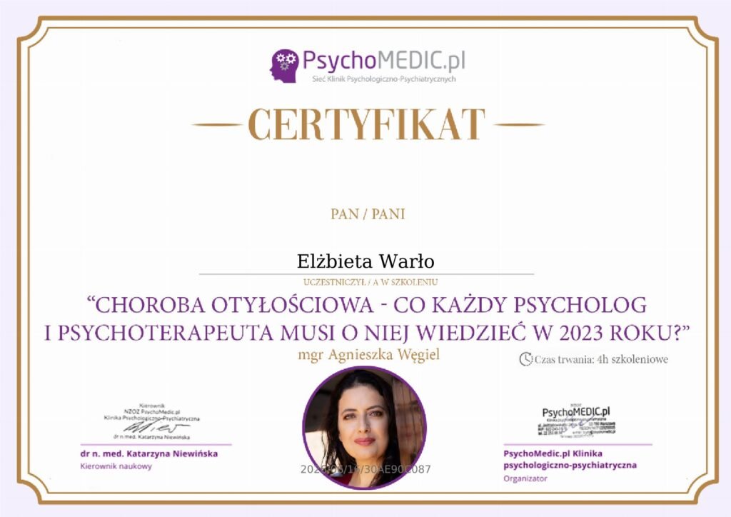CERTYFIKAT - Choroba otyłościowa - co każdy psycholog i psychoterapeuta musi o niej wiedzieć