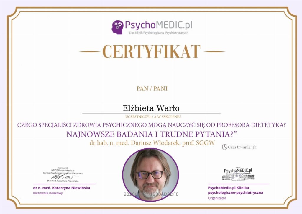 CERTYFIKAT - Czego specjaliści zdrowia psychicznego mogą nauczyć się od profesora dietetyka - Najnowsze badania i trudne pytania