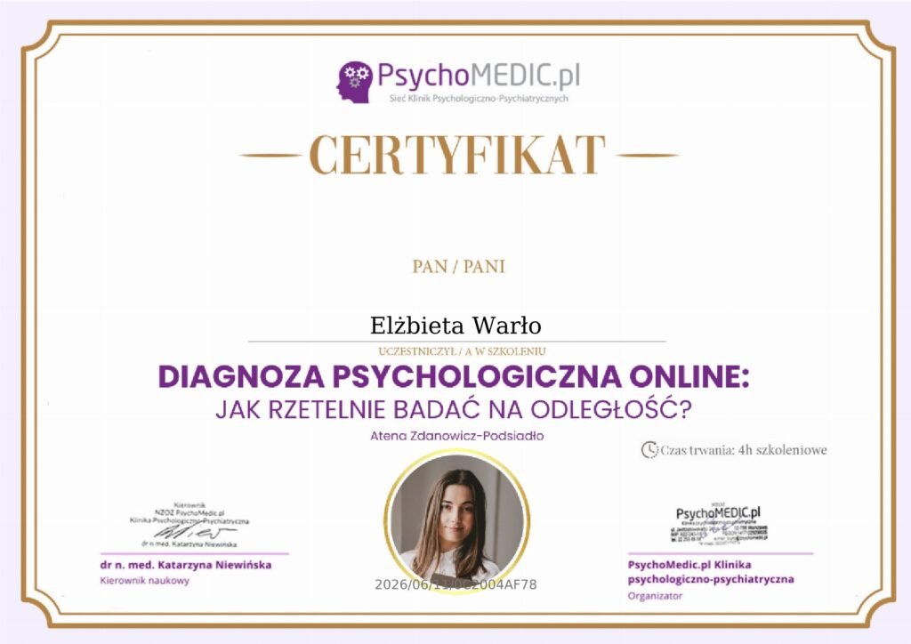 CERTYFIKAT - Diagnoza psychologiczna online - jak rzetelnie badać na odległość