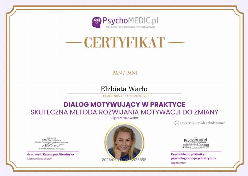 CERTYFIKAT - Dialog motywujący w praktyce - skuteczna metoda rozwijania motywacji do zmiany