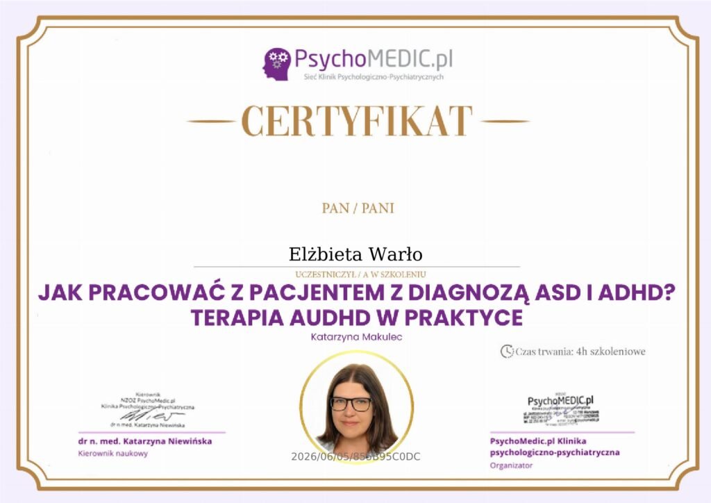 CERTYFIKAT - Jak pracować z Pacjentem z diagnozą ASD i ADHD - Terapia AuDHD w praktyce