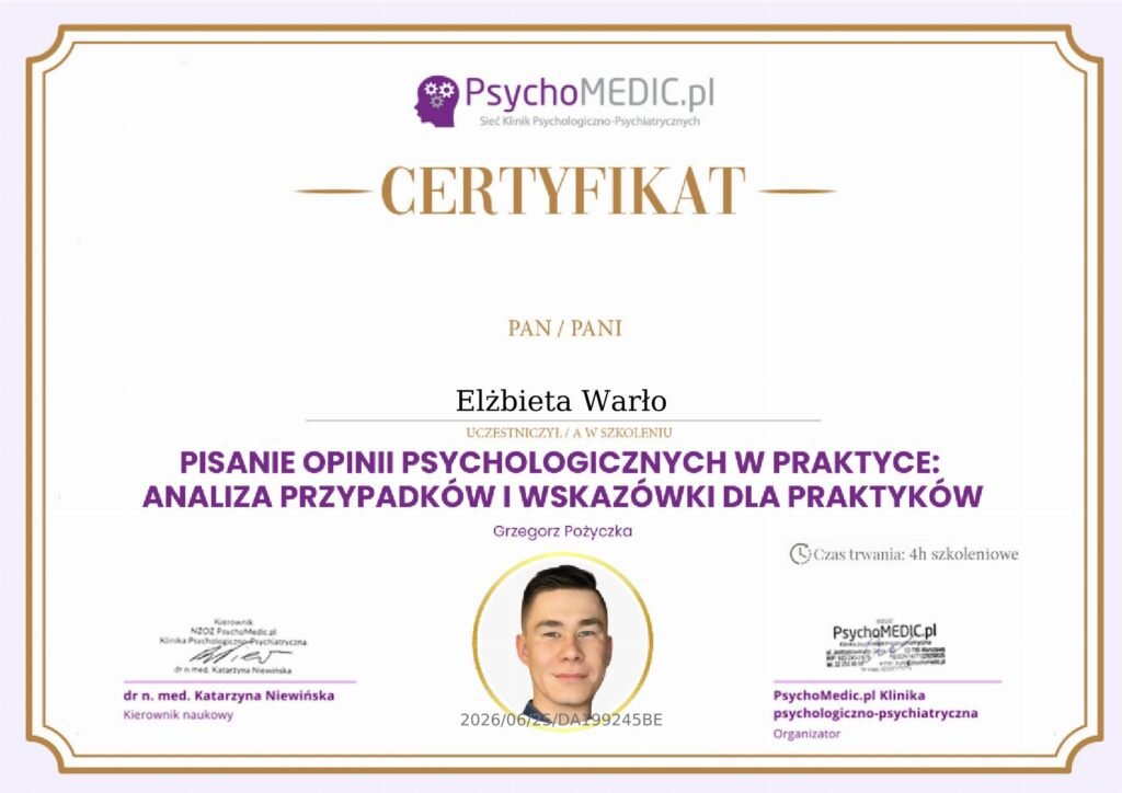 CERTYFIKAT - Pisanie opinii psychologicznych w praktyce - analiza przypadków i wskazówki dla praktyków