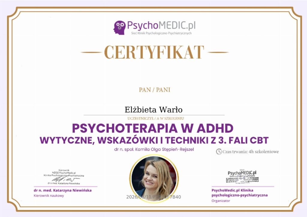 CERTYFIKAT - Psychoterapia w ADHD - wytyczne, wskazówki i techniki z 3. fali CBT