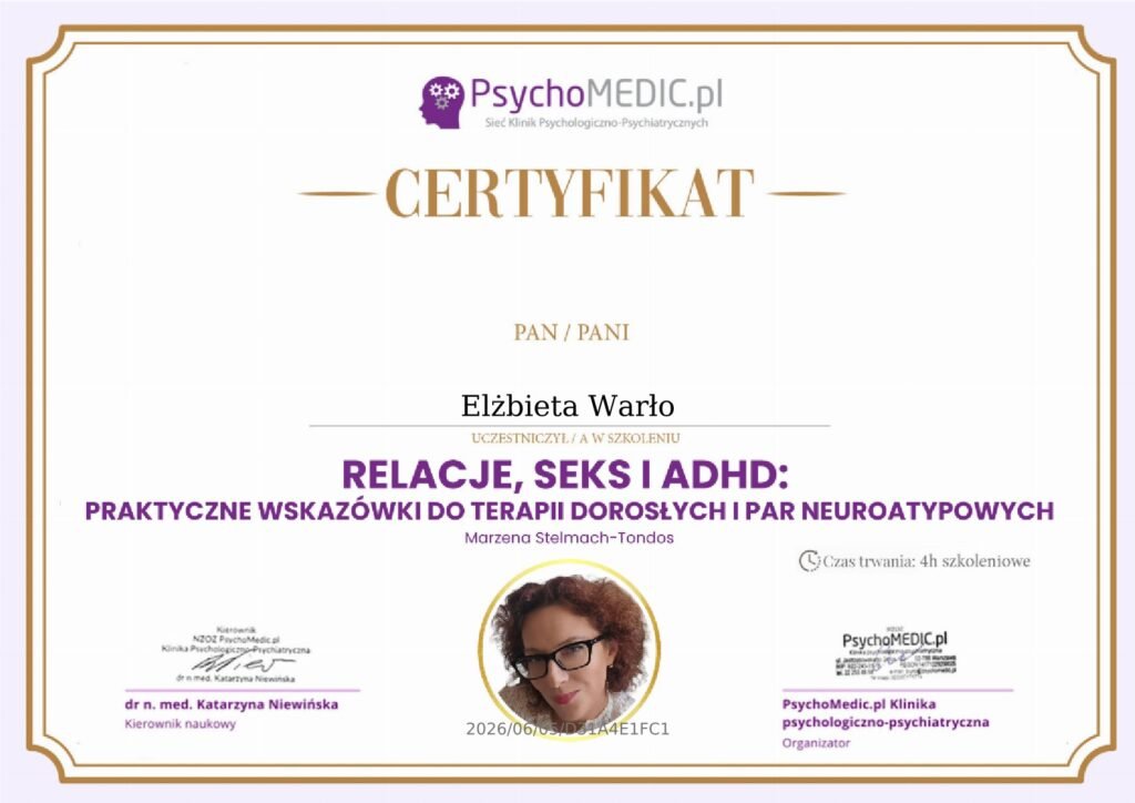 CERTYFIKAT - Relacje, seks i ADHD - praktyczne wskazówki do terapii dorosłych i par neuroatypowych