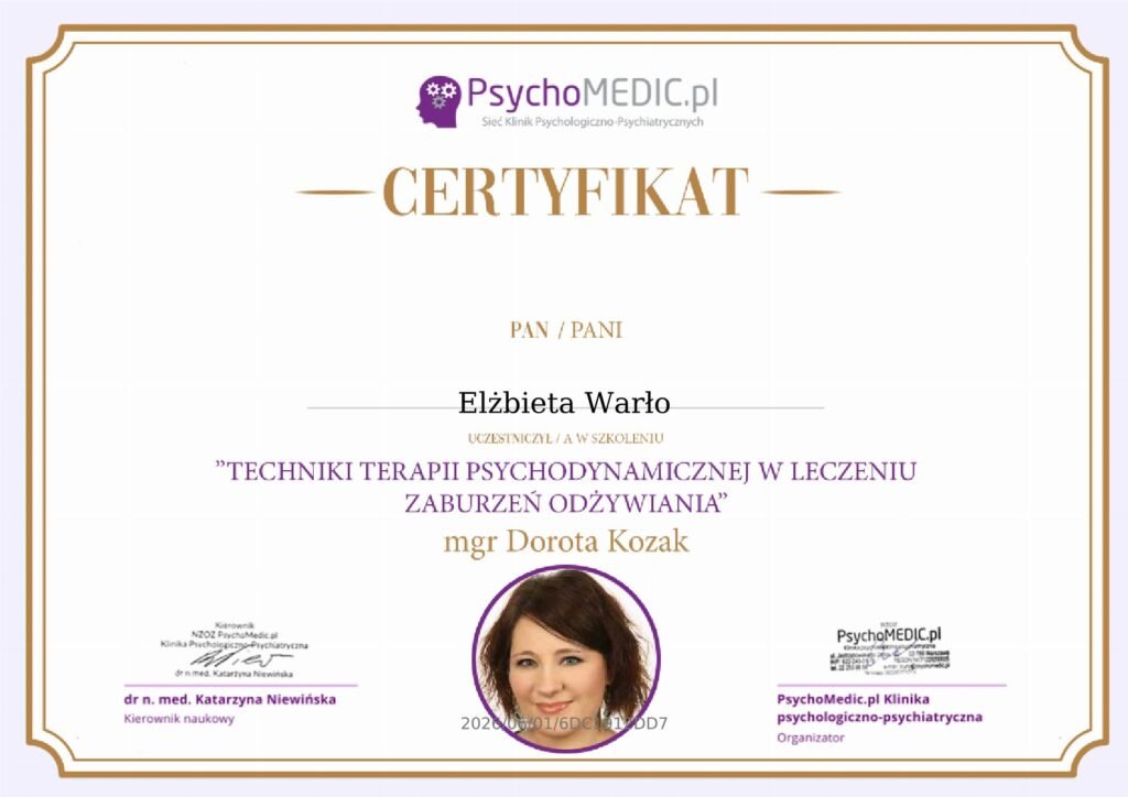 CERTYFIKAT - Techniki terapii psychodynamicznej w leczeniu zaburzeń odżywiania