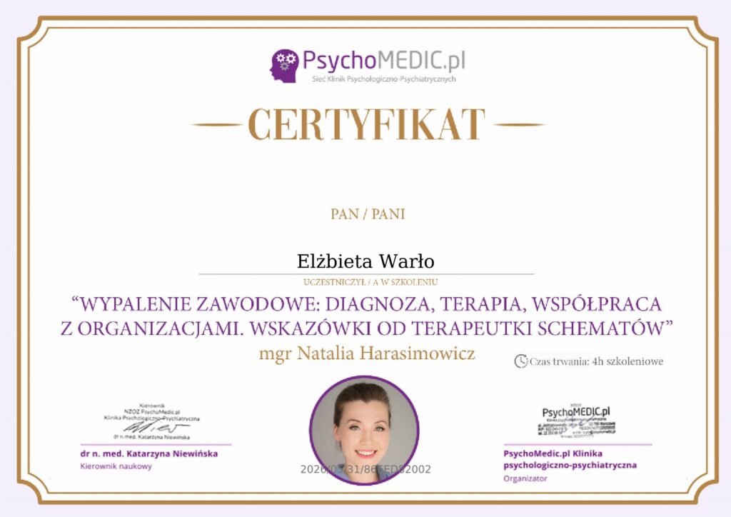 CERTYFIKAT - Wypalenie zawodowe - diagnoza, terapia, współpraca z organizacjami. Wskazówki od terapeutki schematów