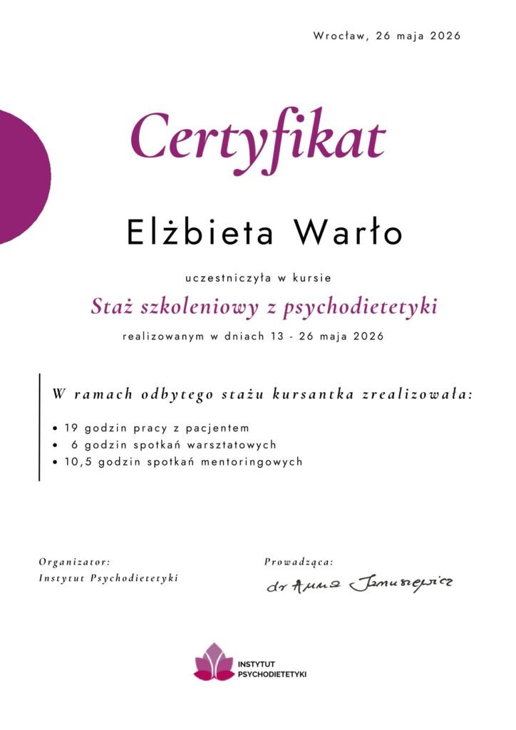 INSTYTUT PSYCHODIETETYKI - STAŻ - CERTYFIKAT
