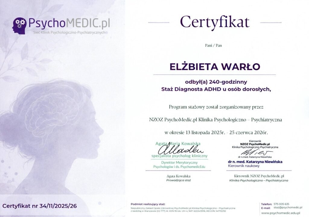 PSYCHOMEDIC - DIAGNOZA ADHD Osób Dorosłych - STAŻ CERTYFIKAT